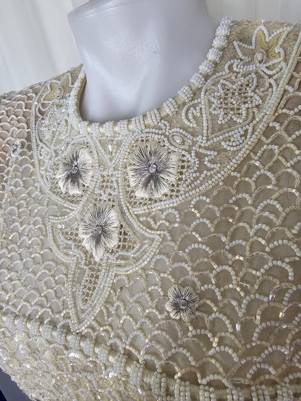 Vintage Mary McFadden Couture Beaded Gown 80s Cream Marii Pleat Stunning Rare - Picture 13 of 16